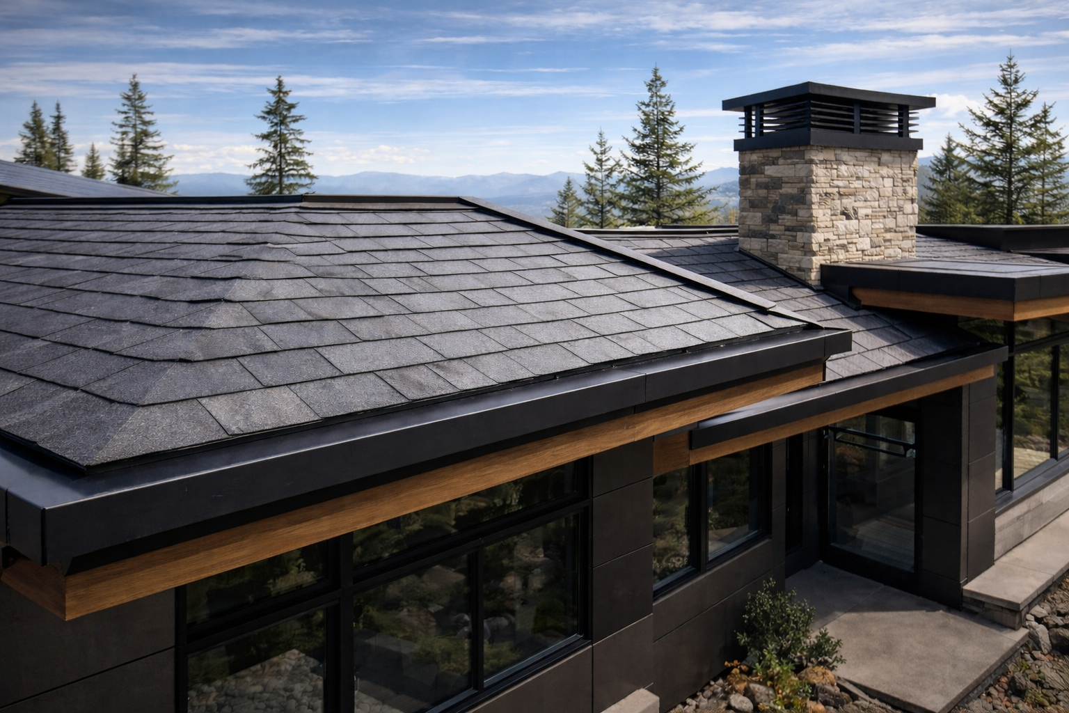 Modern home featuring a composite roofing system designed to replicate natural slate while providing enhanced durability and weather resistance