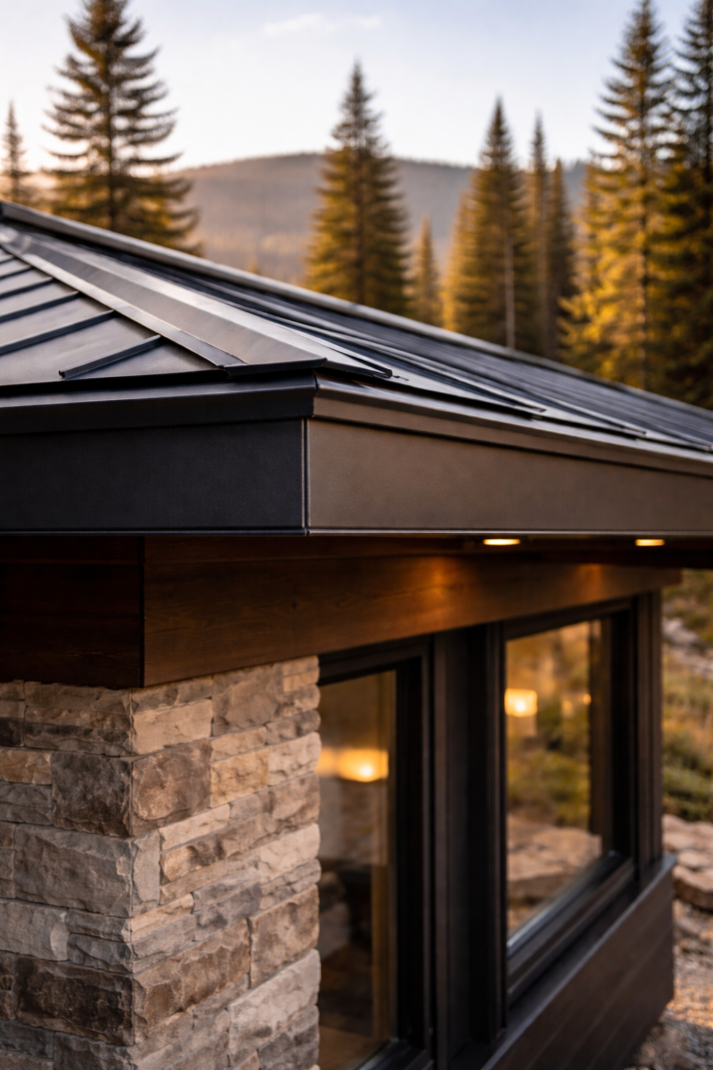 metal fascia and roof edge detail on modern mountain home in park city designed for wildfire resistant construction